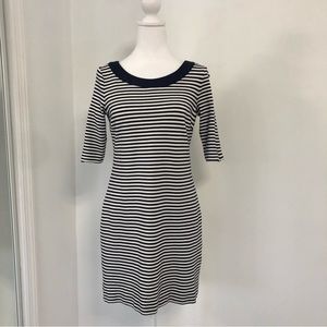 BANANA REPUBLIC Women White/Navy Striped Boat Neck Elbow Sleeve Mini Dress